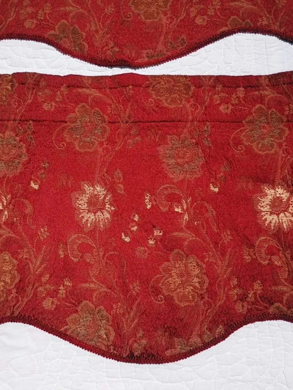 Vintage Pair of Heavy Tapestry Valances Dark Red and Gold Floral Scalloped 52